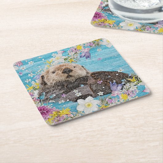 花の川に浮かぶ、おとぎ話のオッター スクエアペーパーコースター (アングル)