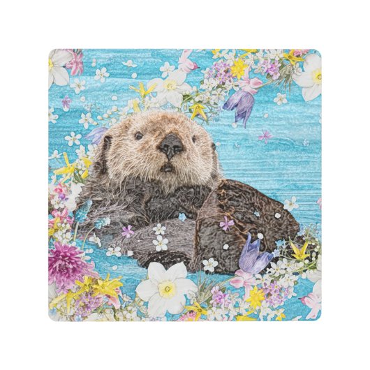 花の川に浮かぶ、おとぎ話のオッター メタルプリント (正面)