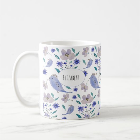 花の帽子をかぶったかわいいスズメ コーヒーマグカップ (左)