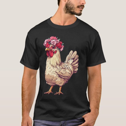 花の帽子をかぶったかわいいニワトリ Tシャツ (正面)