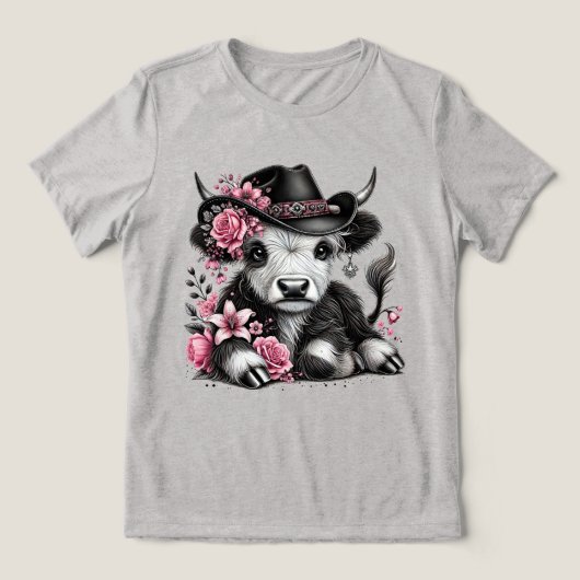 花の帽子をかぶったハイランド牛 トライブレンドＴシャツ (デザイン正面)