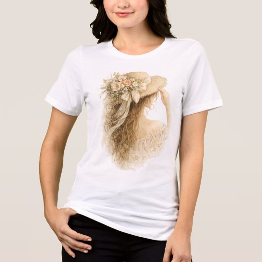 花の帽子をかぶった女性 トライブレンドTシャツ (正面)