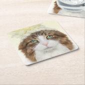 花の帽子を持つ猫 スクエアペーパーコースター (アングル)