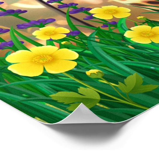 花の庭でマイクで歌うかわいいキリン ポスター (角)