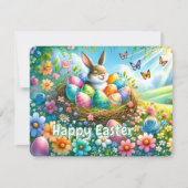 花の庭で卵を持つイースターバニー –  シーズンカード (正面)