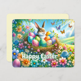 花の庭で卵を持つイースターバニー – シーズンカード