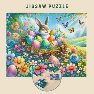 花の庭で卵を持つイースターバニー –  ジグソーパズル