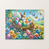 花の庭で卵を持つイースターバニー –  ジグソーパズル (横)