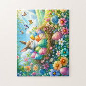花の庭で卵を持つイースターバニー –  ジグソーパズル (縦)