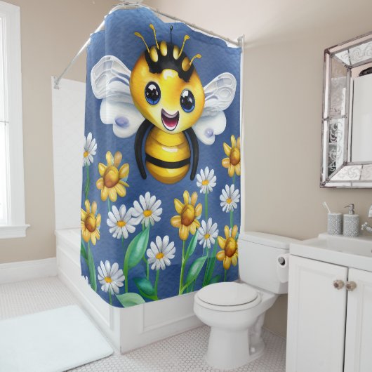 花の庭で愛らしいハチ水色 シャワーカーテン (インサイチュ)