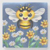 花の庭で愛らしいハチ水色 ストーンコースター (正面)