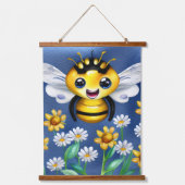 花の庭で愛らしいハチ水色 吊り下げ型タペストリー (正面)