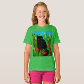 花の庭で目が緑の猫のキッズティー Tシャツ (正面フル)