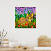 花の庭で目が緑の猫 ポスター (キッチン)