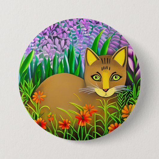花の庭で目が緑の猫 缶バッジ (正面)