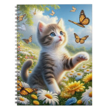 花の庭で蝶を追う子猫