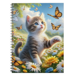 花の庭で蝶を追う子猫 ノートブック