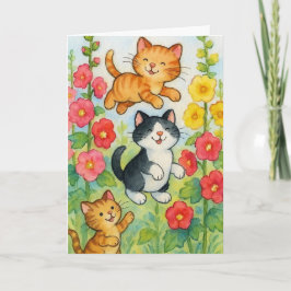 花の庭で霜降りの田舎猫誕生日 カード