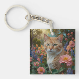 花の庭にいるかわいい白オレンジの猫 キーホルダー