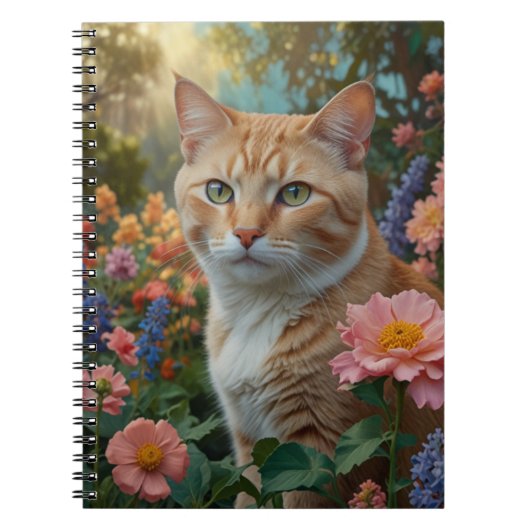 花の庭にいるかわいい白オレンジの猫 ノートブック (正面)