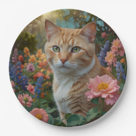 花の庭にいるかわいい白オレンジの猫 ペーパープレート