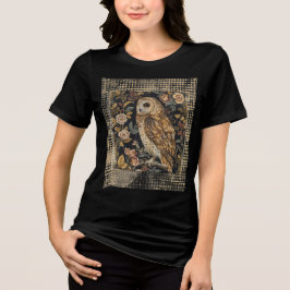 花の庭の可愛いフクロウ ,ゴールドチェック柄 , トライブレンドTシャツ