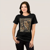 花の庭の可愛いフクロウ ,ゴールドチェック柄 , トライブレンドＴシャツ (正面全面)
