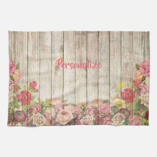 花の庭の木のフェンスをパーソナライズしまスタイリッシュす キッチンタオル (横)