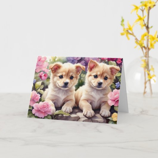 花の庭の水色のカーター子犬 カード (黄色い花)