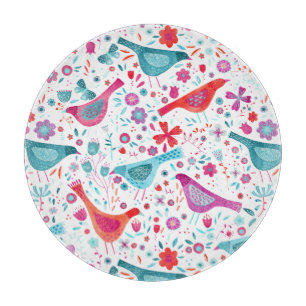 花の庭の水色の絵画鳥 カッティングボード