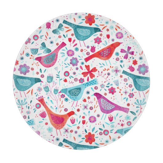 花の庭の水色の絵画鳥 カッティングボード (正面)