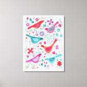 花の庭の水色の絵画鳥 キャンバスプリント (正面)