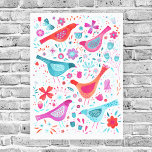 花の庭の水色の絵画鳥 キャンバスプリント<br><div class="desc">水かわいらし色絵画は明るいカラフルのスタイルでモダン、ピンク、紫、オレンジとティール(緑がかった色)ブルーの色合いの花の庭で。バーダー、鳥類学者、自然愛好家、庭師に最適。</div>