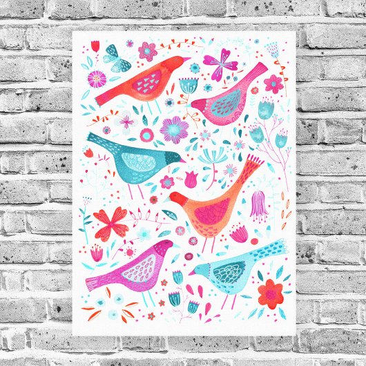 花の庭の水色の絵画鳥 キャンバスプリント