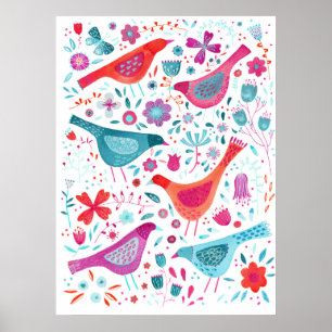 花の庭の水色の絵画鳥 ポスター
