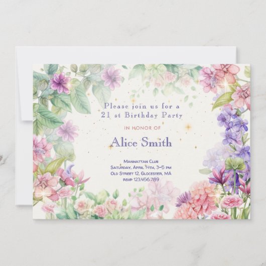 花の庭の水色の誕生日 招待状 (正面)