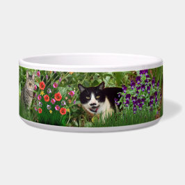 花の庭の猫フォトコラージュペット用ウォーター ボウル