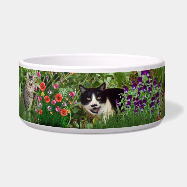花の庭の猫フォトコラージュペット用ウォーター ボウル (正面)