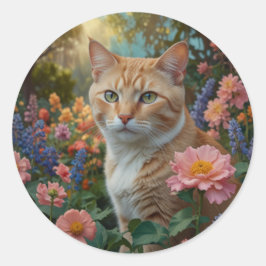 花の庭の白オレンジの可愛い猫 ラウンドシール