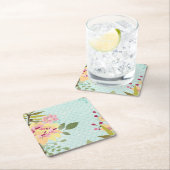 花の庭、青い背景 スクエアペーパーコースター (インサイチュ)