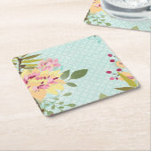 花の庭、青い背景 スクエアペーパーコースター (アングル)