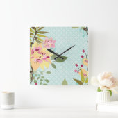 花の庭、青い背景 スクエア壁時計 (ホーム)