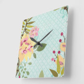 花の庭、青い背景 スクエア壁時計 (傾斜)