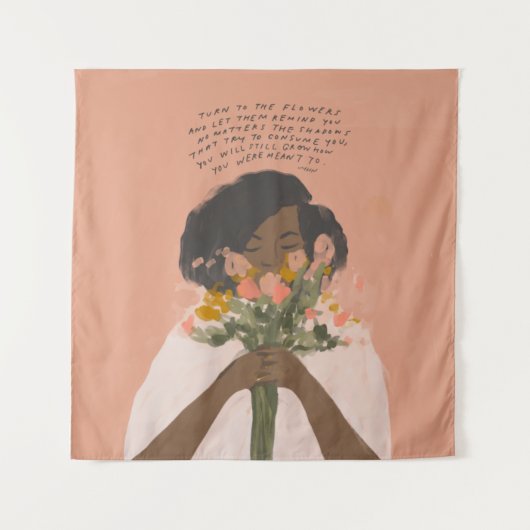 花の引用文感動的ブラックアート タペストリー (正面)