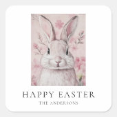 花の復活祭とピンクのバニー スクエアシール (正面)