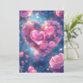 「花の愛のハート：ピンクのバラの結婚式招待状」 招待状 (スタンド正面)