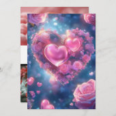 「花の愛のハート：ピンクのバラの結婚式招待状」 招待状 (正面/裏面)