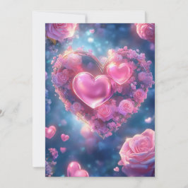 「花の愛のハート:ピンクのバラの結婚式招待状」 招待状