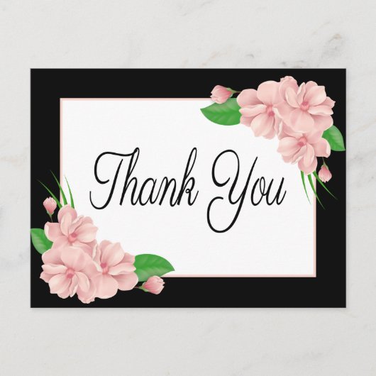 花の感謝を伝える ピンクの花 黒のウェディングパーティー ポストカード (正面)