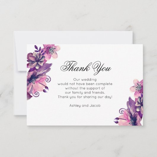 花の感謝を込めて。紫の結婚式。花のメモ サンキューカード (正面)